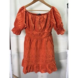 PRETTYGARDEN Women Burnt Orange Cotton Eyelet Puff Sleeve Mini Dress Size M